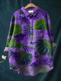Decorative Pattern of Large Leaves On Purple Background Casual Cotton And Linen Shirt