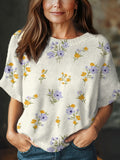Women's Vintage Flower Art Print Casual Crew Neck Short Sleeve Knitted Sweater