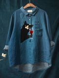 Women's Fun Black Cat Fock That Shat Print Casual Cotton And Linen Shirt