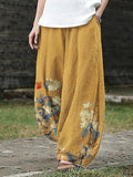 Simple Floral Japanese Art Linen Blend Wide Leg Pants