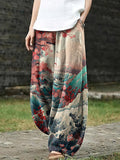 Casual Floral Sea Wave Japanese Art Print Pocket Loose Pants