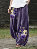 Pansy Flowers Embroidered Linen Blend Wide Leg Pants