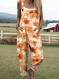Women's Vintage Maple Pattern Art Print Casual Wide Leg Jumpsuit