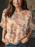 Women's Vintage Floral Art Print Casual Crew Neck Short Sleeve Knitted Sweater