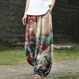 Casual Floral Sea Wave Japanese Art Print Pocket Loose Pants