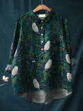 Women's Floral  Owl Art Print Casual Cotton And Linen Shirt
