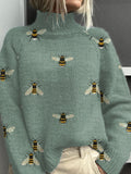 Funny Bee Art Print Knit Turtleneck Pullover Sweater