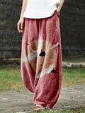 Flying Cranes Japanese Art Pattern Linen Blend Casual Pants
