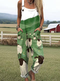 Women's Cute Farm Lamb Illustration Art Print Casual Wide Leg Jumpsuit