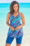 Longer Length Braided Tankini Set - Berry Turq Stripe