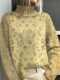 Vintage Floral Symmetry Art Print Knit Turtleneck Pullover Sweater