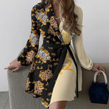 Womens Unique Long Sleeve Shirt Printed Adjustable  Wrap  Dress with Belt