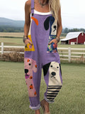 Women's Funny Dog Art Print Casual Wide Leg Jumpsuit