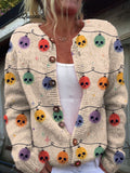 Halloween Skull Colored Light Bulbs Print Buttoned Cardigan Sweater