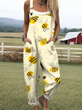 Women's Art Cute Bee Print Casual Wide Leg Jumpsuit