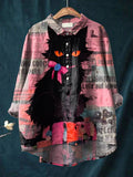 Vintage Funny Cat Art Print Casual Cotton And Linen Shirt