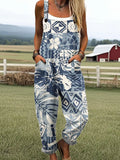 Women's Vintage Floral Art Print Casual Wide Leg Jumpsuit