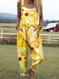 Women's Beautiful Butterfly Flowers Painting Art Print Casual Wide Leg Jumpsuit