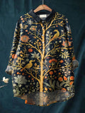 Women's Indian Art Tree Bird Floral Vintage Art Print Casual Cotton And Linen Shirt