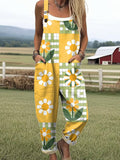 Women's Beautiful Chrysanthemum Plaid Painting Art Print Casual Wide Leg Jumpsuit