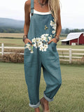Women's Floral Bee Pattern Art Print Casual Cotton Wide Leg Jumpsuit