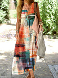 Women's Art Geometric Loose Cotton and Linen Tank Top Dress