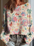 Women's Vintage Art Ethnic Flowers Casual Pullover Sweater
