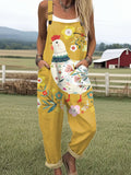 Women's Vintage Flower Chick Art Print Casual Wide Leg Jumpsuit