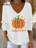 Women's Autumn Rhinestone Pumpkin Print V-Neck T-Shirt