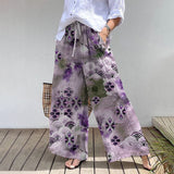 Retro Elegant Japanese Watercolor Art Print Cotton Linen Wide Leg Pants