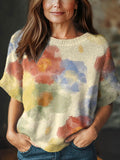 Women's Vintage Floral Art Print Casual Crew Neck Short Sleeve Knitted Sweater