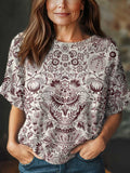 Women's Vintage Art Ethnic Flower Print Casual Crew Neck Short Sleeve Knitted Sweater