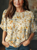 Women's Vintage Floral Art Print Casual Crew Neck Short Sleeve Knitted Sweater