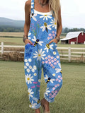 Women's Bee Art Print Casual Cotton Wide Leg Jumpsuit