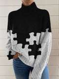 Women's Abstract Puzzle Pattern Art Print Knit Turtleneck Pullover Sweater