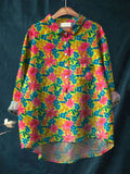 Women's Flower Art Print Casual Cotton And Linen Shirt