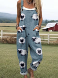 Women's Lovely Sheep Art Print Casual Wide Leg Jumpsuit
