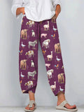 Farm Animals Print Linen Blend Casual Pants