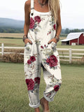 Women's Floral Art Print Casual Cotton Wide Leg Jumpsuit