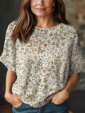 Women's Vintage Floral Art Print Casual Crew Neck Short Sleeve Knitted Sweater
