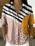 Women's Retro Color-block Geometric Loose-fit Cotton-linen Short-sleeve Shirt
