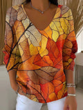 Women's Autumn Leaves Casual Print V-neck Long Sleeve Pullover Sweater