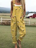 Women's Flying Bees Embroidery Pattern Casual Cotton Linen Wide Leg Jumpsuit