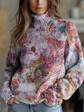Women's Vintage Pattern Art Print Knit Turtleneck Pullover Sweater