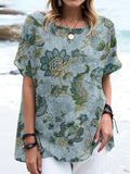 Women's Elegant Floral Round Neck Cotton and Linen Top