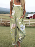 Women's Vintage Floral Art Print Casual Wide Leg Jumpsuit