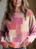 Women's Geometric Patchwork Pattern Art Print Knit Pullover Sweater