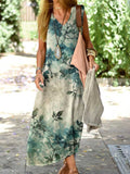 Women's Elegant Floral Pattern Cotton and Linen Loose Vest Cotton and Linen Dress