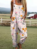 Women's Vintage Floral Art Print Casual Cotton Wide Leg Jumpsuit