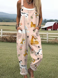 Women's Farm Animals Flowers Art Print Casual Wide Leg Jumpsuit